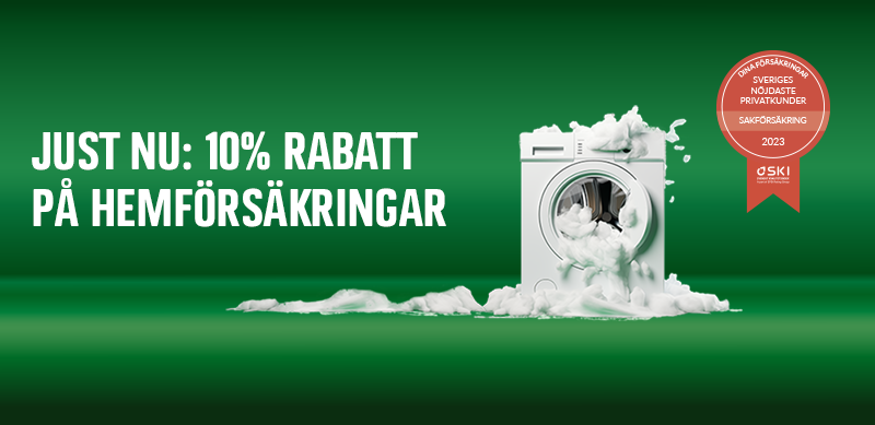 En läckande tvättmaskin med texten: Just nu 10% rabatt på hemförsäkring